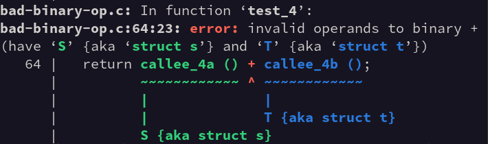 screenshot of a C type error from GCC 15 showing color usage